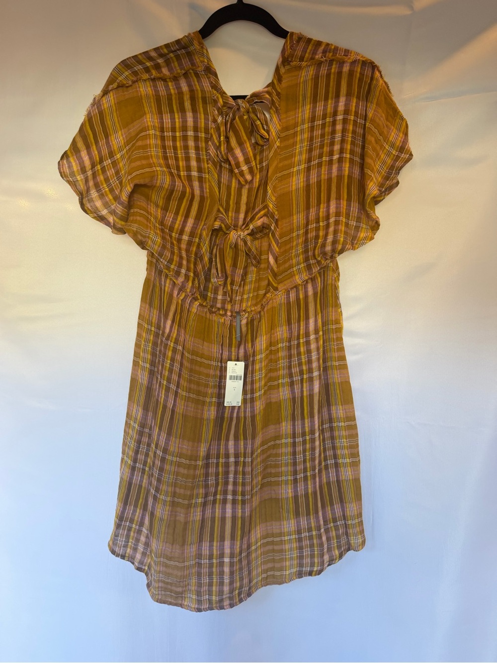 NWT Anthropologie Plaid Tie Front Mini Dress Gold Pink Size S $98